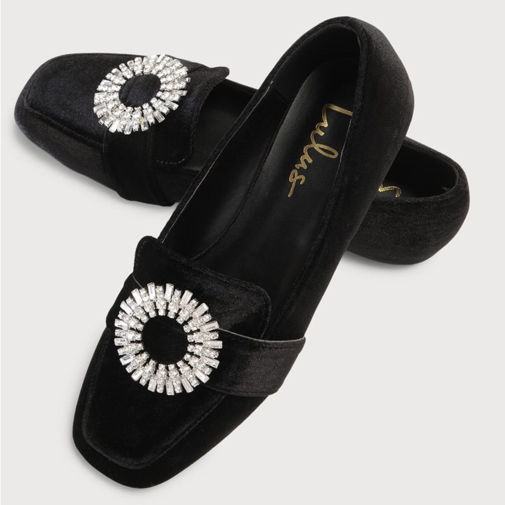 Lux Old Money Black Velvet Rhinestone Loafers NWOB